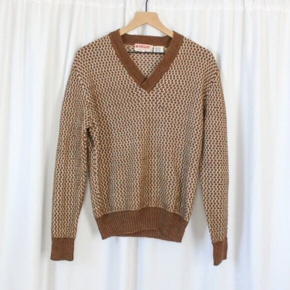 Vintage McGregor Brown and White Geometric V-neck Lightweight Sweater XL